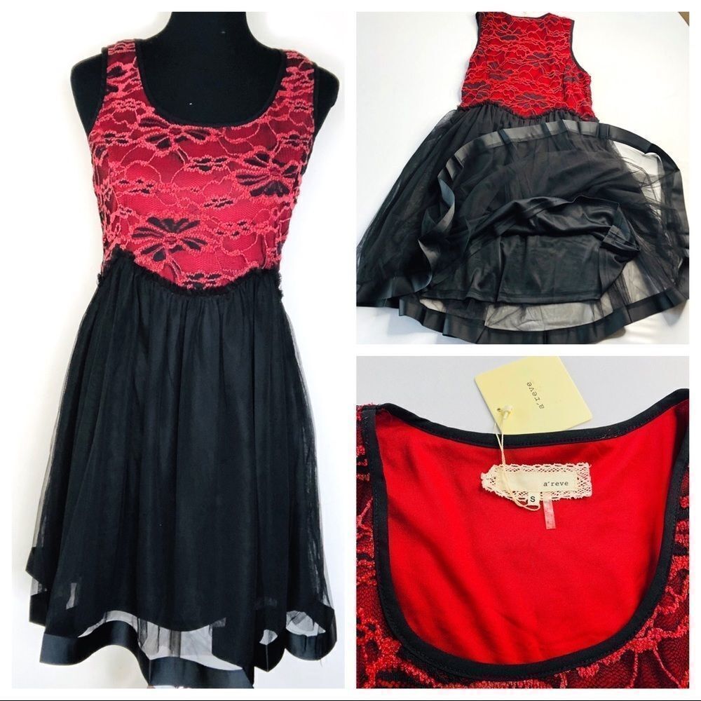 AREVE Red Black Lace Dress NWT S